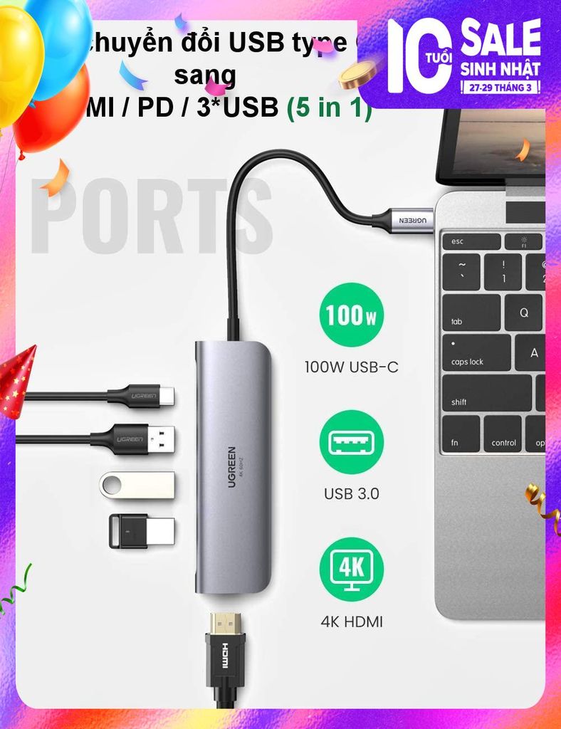 Bộ chuyển Type C sang HDMI và 3 cổng USB 3.0 Ugreen 70495