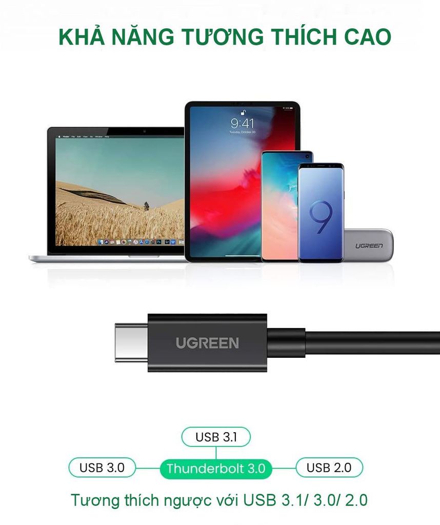 Cáp Thunderbolt 3 Gen 3 UGREEN US341 – Tốc độ truyền 40Gbps, sạc nhanh PD100W – Hỗ trợ xuất hình ảnh 5K@60Hz