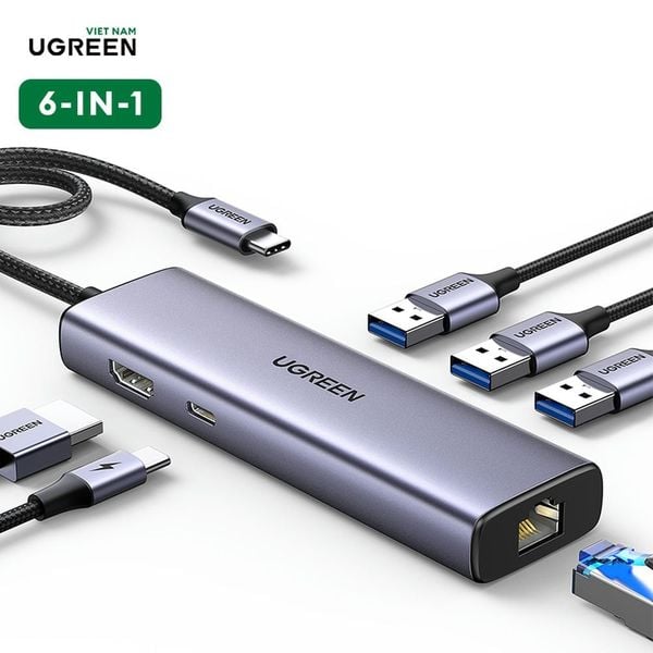 Hub USB-C ra HDM 4K@30Hz , PD 100W Ugreen 15598 USB A+HDMI+RJ45+PD Converter 4K@30Hz  with PD