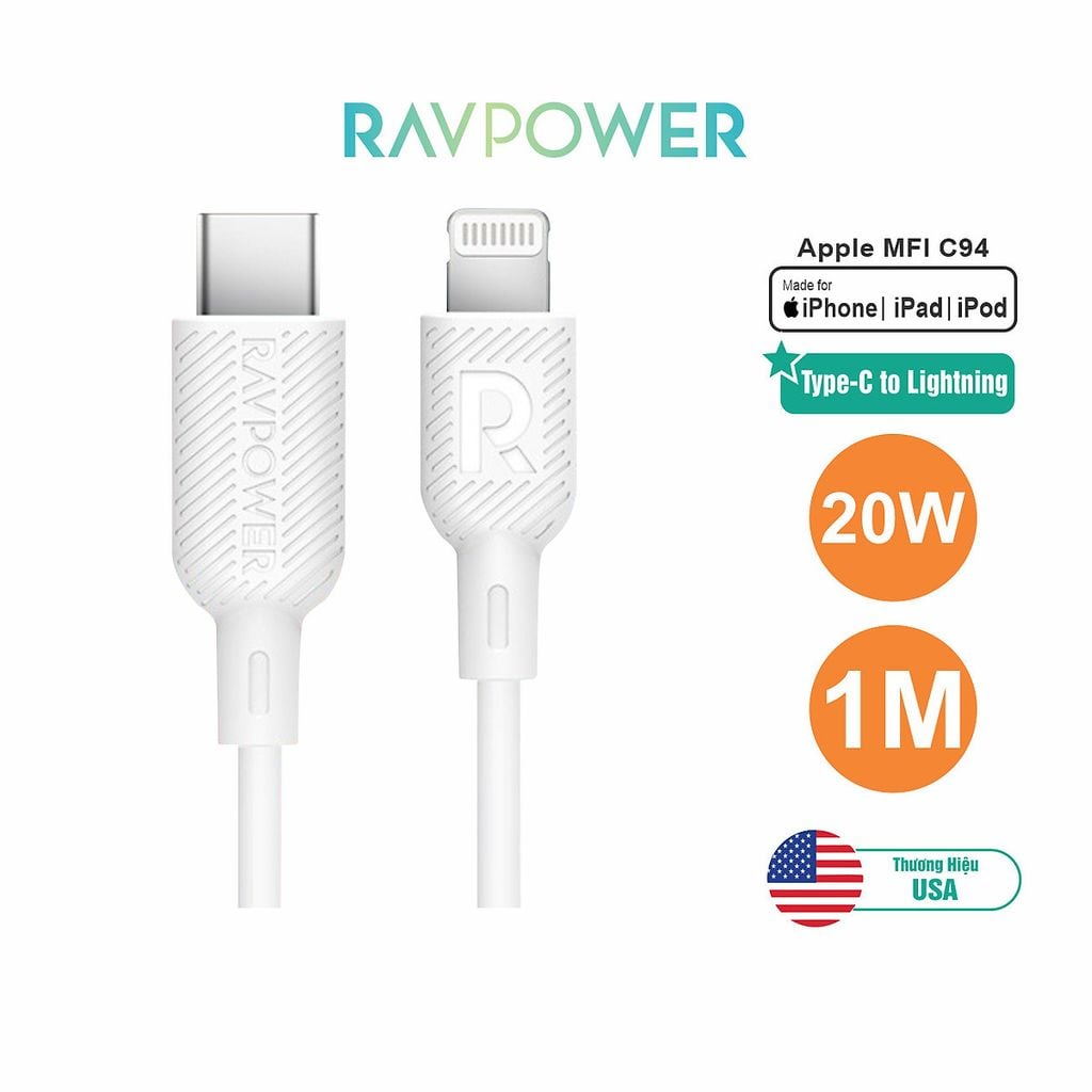 Dây Cáp Sạc USB Type C To Lightning Chuẩn MFI C94, Sạc Nhanh 20W iPhone iPad, Dài 1M RAVPower RP-CB054