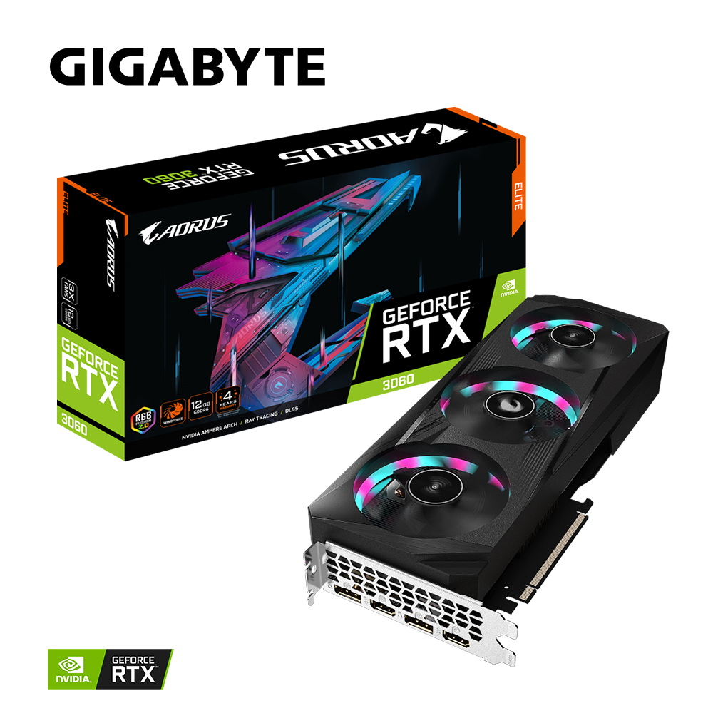 Card màn hình GIGABYTE AORUS GeForce RTX 3060 ELITE 12G (rev. 2.0) (GV-N3060AORUS E-12GD)