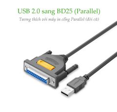 Cáp máy in UGREEN US167 Cổng USB 2.0 sang cổng BD25 Parallel (hỗ trợ đời máy in cũ) – Truyền tải dữ liệu nhanh và ổn định