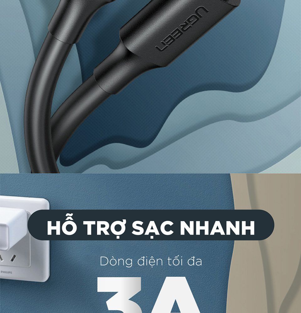Cáp sạc nhanh Type C UGREEN US286 – Sạc nhanh dòng 3A, lõi đồng nguyên chất