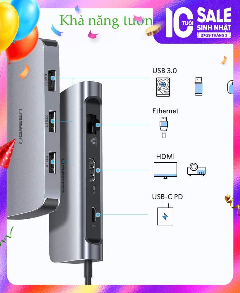 Hub Type Cchuyển đổi type C sang 3xUSB 3.0, 1x HDMI, 1x RJ45, 1xPD  Ugreen 50771