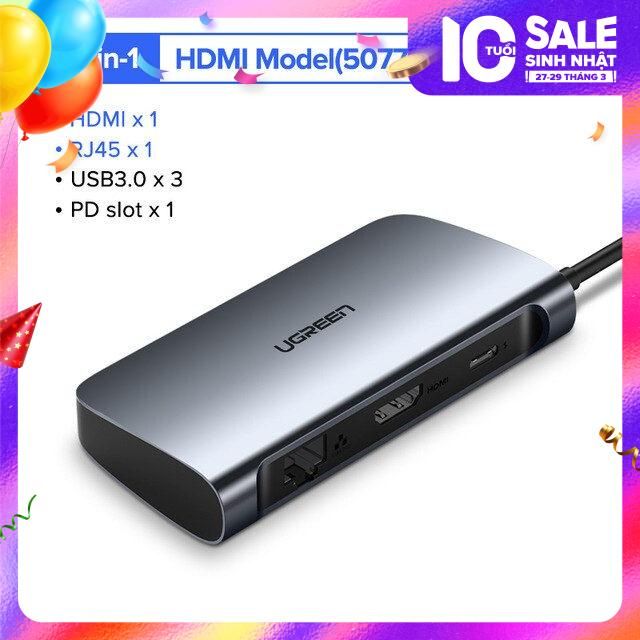 Hub Type Cchuyển đổi type C sang 3xUSB 3.0, 1x HDMI, 1x RJ45, 1xPD  Ugreen 50771