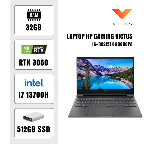 Laptop - Máy tính xách tay Gaming HP VICTUS 16-r0215TX - 9Q9B8PA, Core i7-13700H,32GB RAM,512GB SSD,RTX 3050 6GB,16.1""FHD