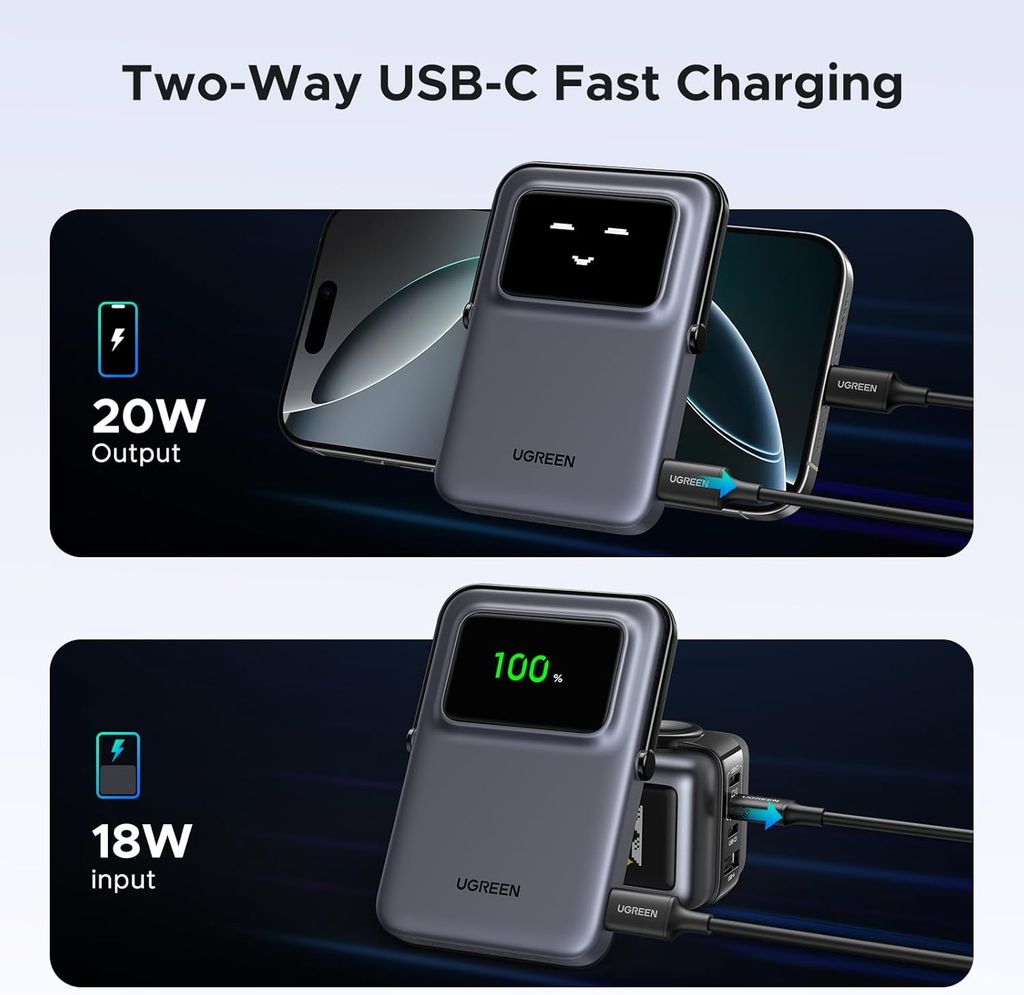Pin Sạc Dự Phòng UGREEN PB571 5000mAh với Cáp USB Type C Tích Hợp