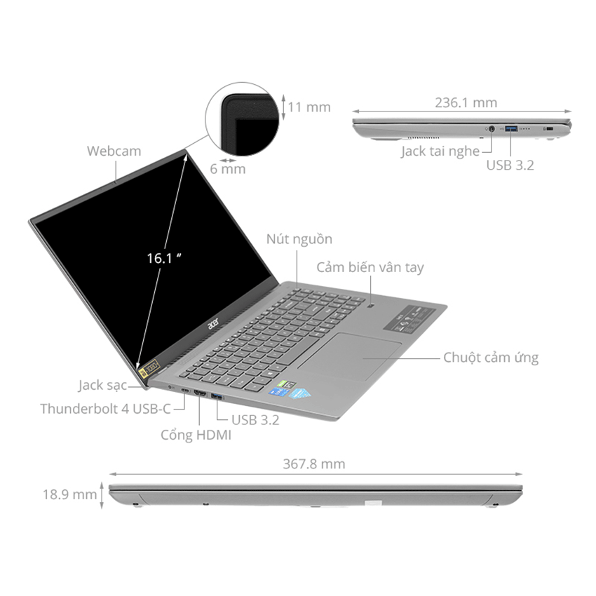 Laptop Acer Swift X SFX16-51G-516Q NX.AYKSV.002 (Core™ i5-11320H | 16GB | 512GB | RTX™ 3050 4GB | 16.1 inch FHD | Win 11 | Xám)