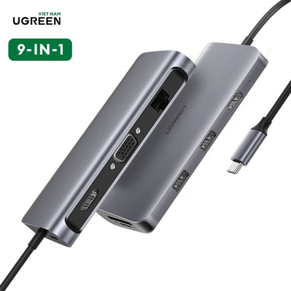 Hub Type C Ugreen 70490 – HDMI 4K*2K@60Hz, Sạc nhanh 100W 3*USB 3.0 A Female, 1*HDMI, 1*VGA, 1*RJ45 Gigabit, 1*TF slot, 1*SD slot