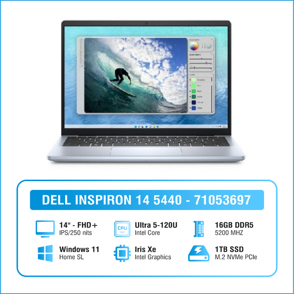 Laptop - Máy tính xách tay Dell Inspiron 14 5440, Core 5-120U, 16GB, 1TB SSD, Intel Graphics, 14" FHD+, 4C 54Wh, ax+BT, FP, OfficeHome24, McAfee LS, Win 11 Home, Xanh (Ice Blue), 1Y WTY