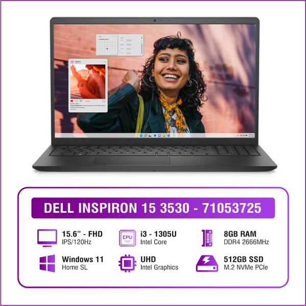 Laptop - Máy tính xách tay Dell Inspiron 15 3530, i3-1305U, 8GB, 512GB SSD, Intel UHD Graphics, 15.6