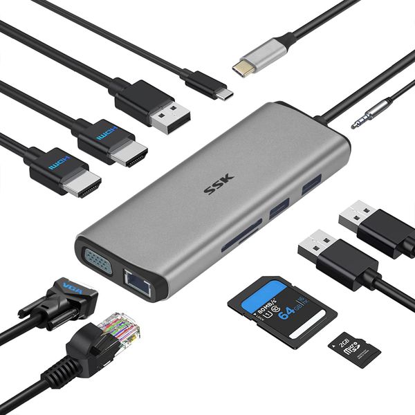 CÁP Type-C -> USB 2.0 + 2USB 3.0 + 2HDMI/VGA/ LAN/TF/SD/ AUDIO/PD 87W SC200 SSK