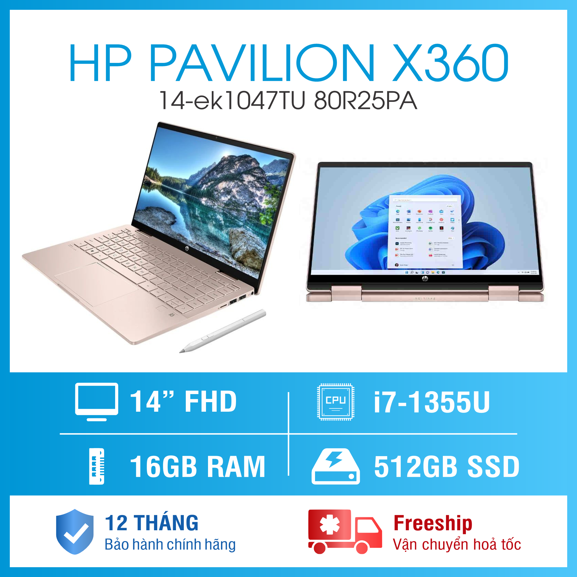 Laptop Máy tính xách tay HP Pavilion X360 14-ek1047TU 80R25PA (Intel Core  i7-1355U 16GB 512GB Intel Iris Xe 14 inch FHD Cảm ứng Win 11 