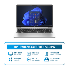Laptop - Máy tính xách tay HP ProBook 440 G10 873B8PA (i7 1355U/ 16GB/ 512GB SSD/14 inch FHD/Win11/ Silver/ Vỏ nhôm)