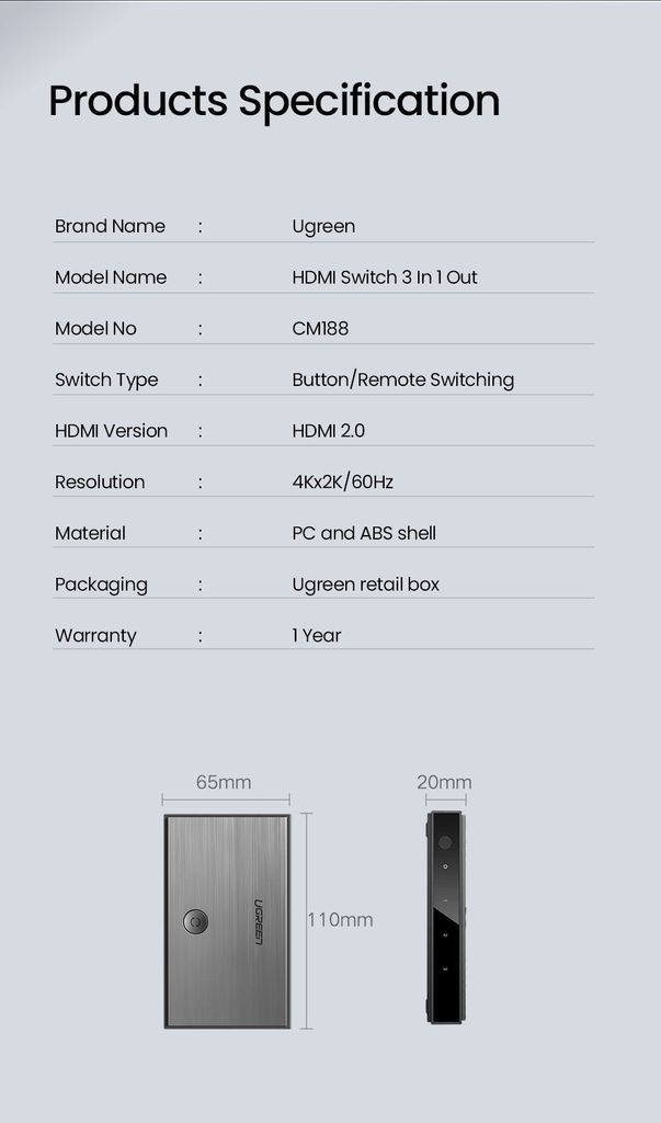 Bộ Switch HDMI 3 Cổng Vào 1 Cổng Ra UGREEN CM188 – Giải Pháp Kết Nối Hoàn Hảo