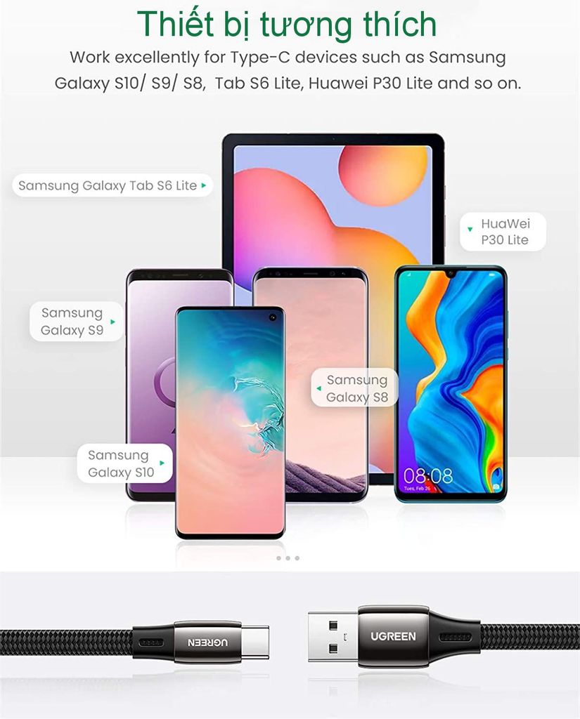 Cáp sạc nhanh Type C UGREEN US330 – Sạc nhanh Quick Charge 3.0 2.0 dòng 3A – Tốc độ truyền tải lên đến 480Mbps – Dây bện nylon dạng dẹt chắc chắn