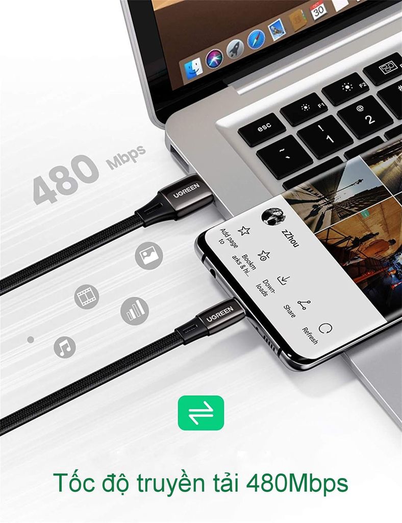 Cáp sạc nhanh Type C UGREEN US330 – Sạc nhanh Quick Charge 3.0 2.0 dòng 3A – Tốc độ truyền tải lên đến 480Mbps – Dây bện nylon dạng dẹt chắc chắn