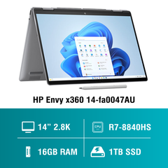 Laptop - Máy tính xách tay HP Envy x360 14-fa0047AU A19BPPA (R7 8840HS/ 16GB/ 1TB SSD/ 14.0inch OLED Touch/ 120Hz/ Win11/ Silver/ Vỏ nhôm/ Pen)