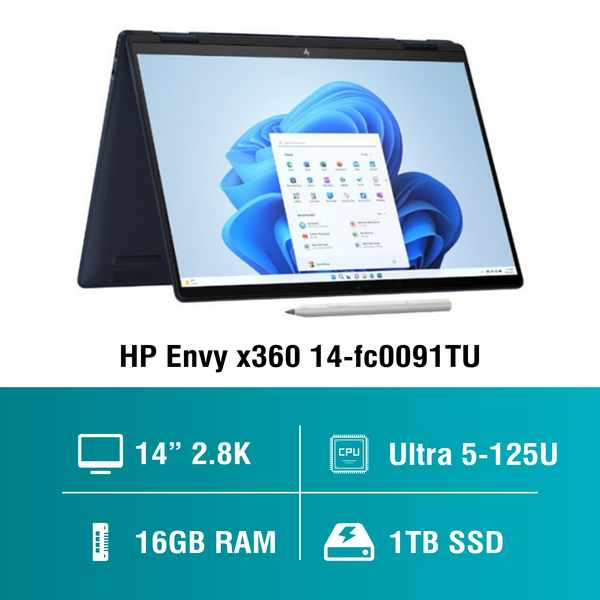 Laptop - Máy tính xách tay HP Envy x360 14-fc0091TU A19C1PA (Ultra 5 125U/ 16GB/ 1TB SSD/ 14.0inch OLED Touch/ Win11/ Blue/ Vỏ nhôm/ Pen)