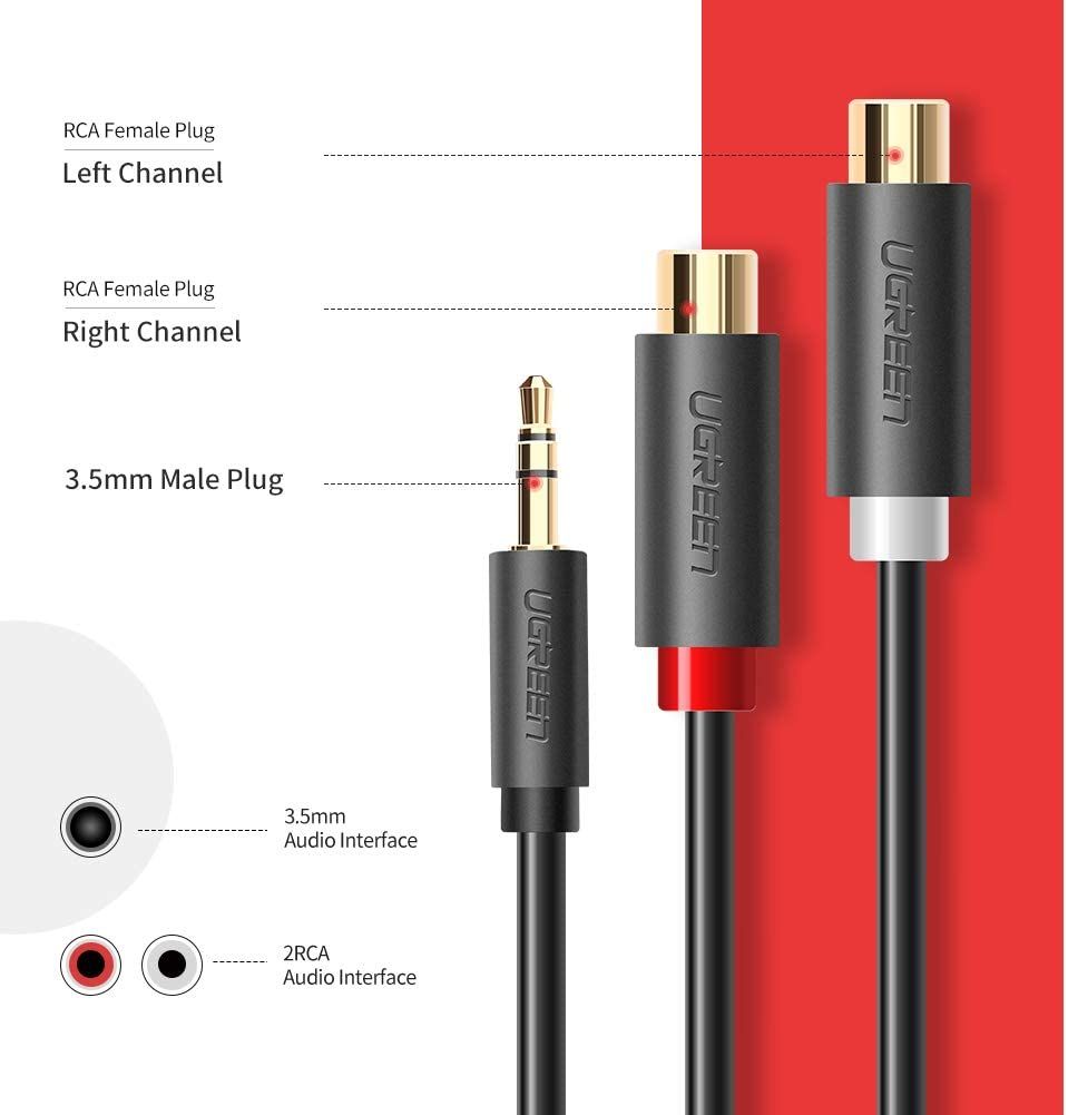 Cáp âm thanh chuyển jack 3.5mm sang 2 đầu hoa sen RCA dài 20CM UGREEN AV109 10547 (màu đen)
