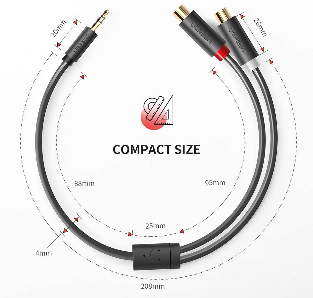 Cáp âm thanh chuyển jack 3.5mm sang 2 đầu hoa sen RCA dài 20CM UGREEN AV109 10547 (màu đen)
