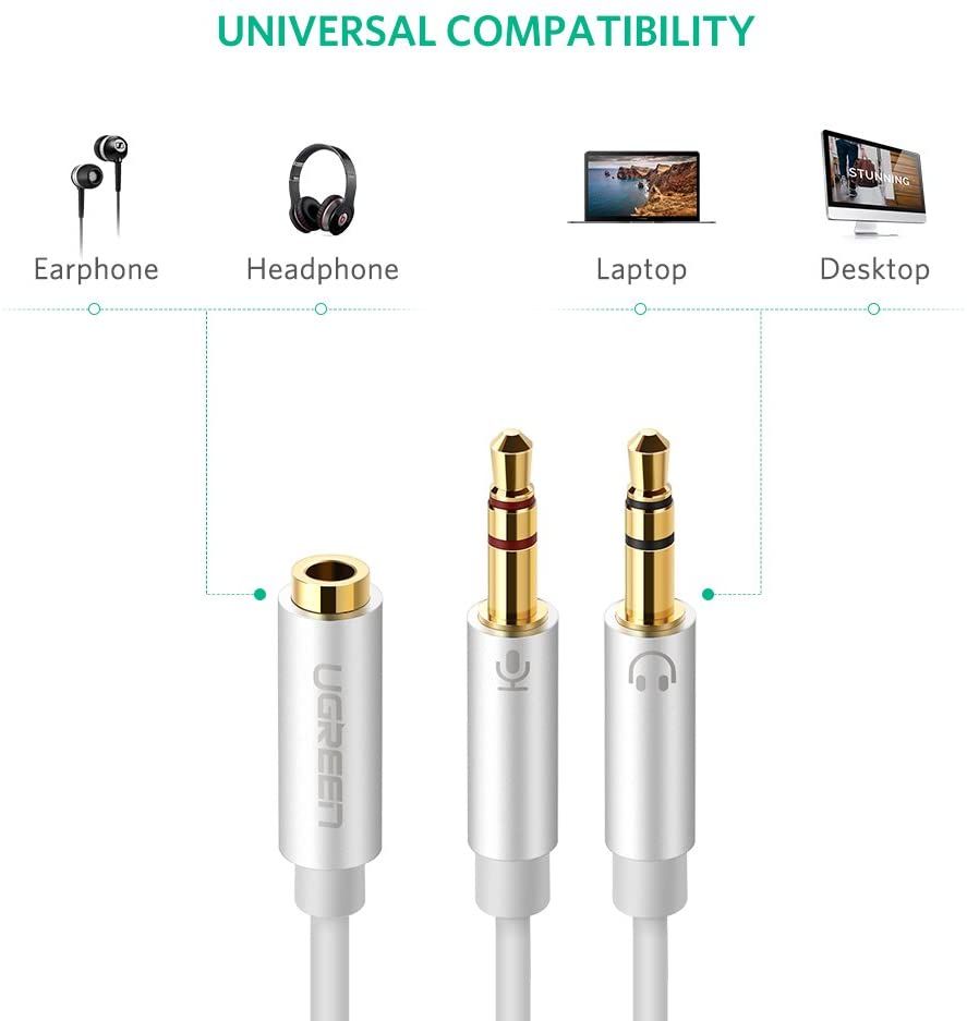 Dây Audio chuyển tai nghe 3.5mm đầu cái sang 2 đầu Mic và Tai nghe đầu đực mạ vàng dài 20CM UGREEN AV140