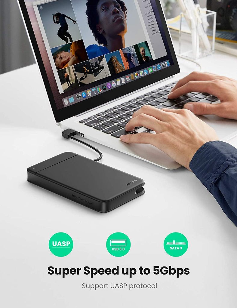 Hộp đựng ổ cứng 2.5 inch SSD HDD chuẩn SATA hỗ trợ ổ cứng lên đến 6TB 2 loại vỏ nhôm và nhựa cao cấp kích thước 128x82x14mm UGREEN US221 CM300