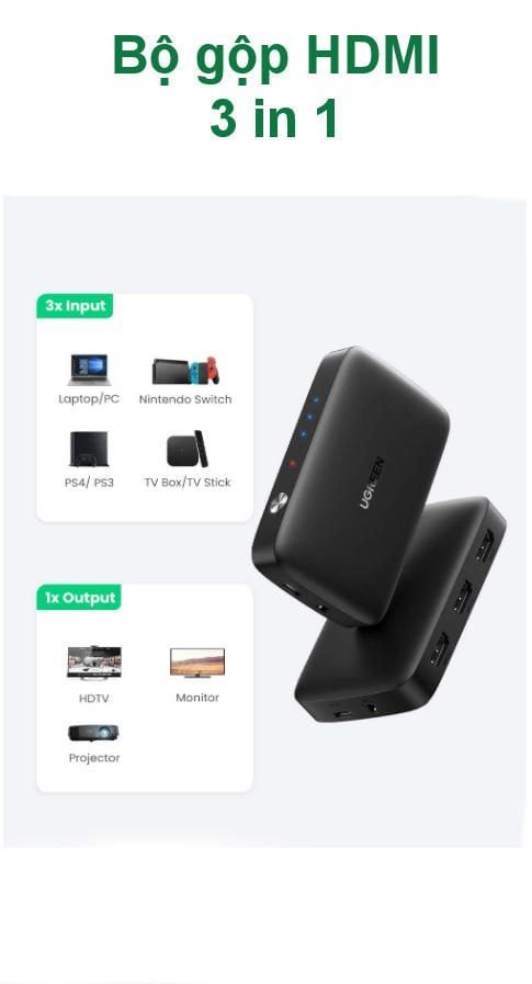 Bộ gộp HDMI 3 vào 1 UGREEN 80125 – Hỗ trợ phân giải Ultra Full HDR 4K 3840×2160@30Hz – Cấp nguồn cổng Micro USB 5V