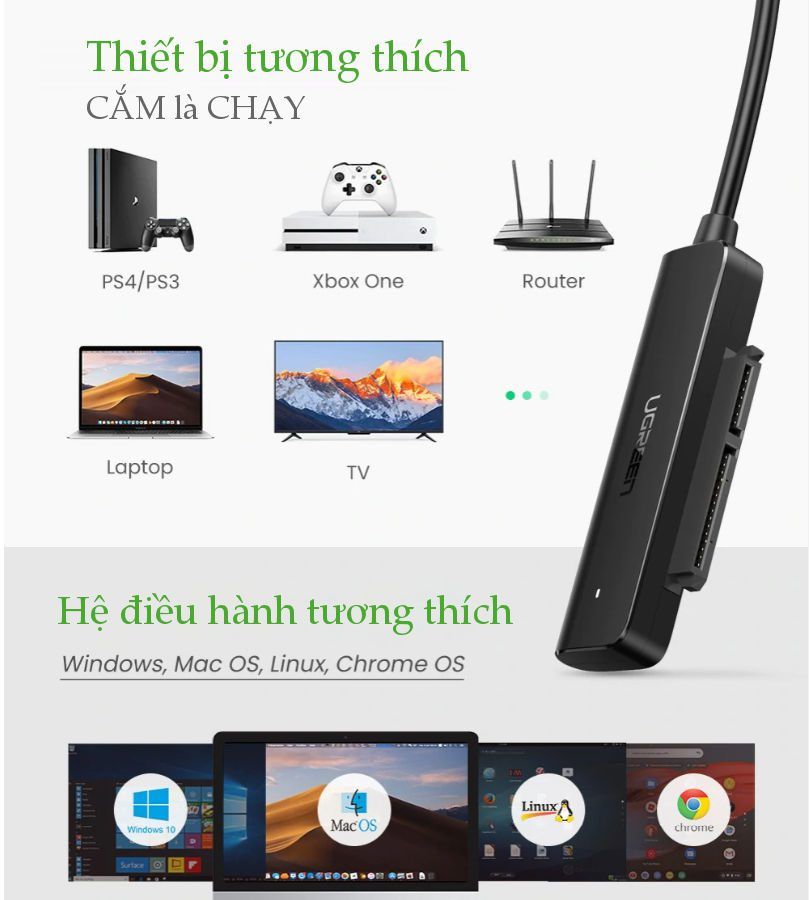 Cáp chuyển đổi USB 3.0 / USB type C sang Sata (7+15) cho ổ cứng ngoài SSD HDD 2.5 inch dài 50cm UGREEN CM321