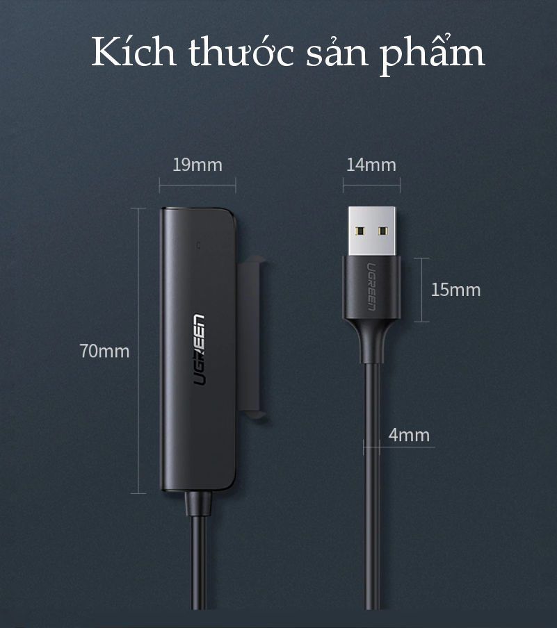 Cáp chuyển đổi USB 3.0 / USB type C sang Sata (7+15) cho ổ cứng ngoài SSD HDD 2.5 inch dài 50cm UGREEN CM321