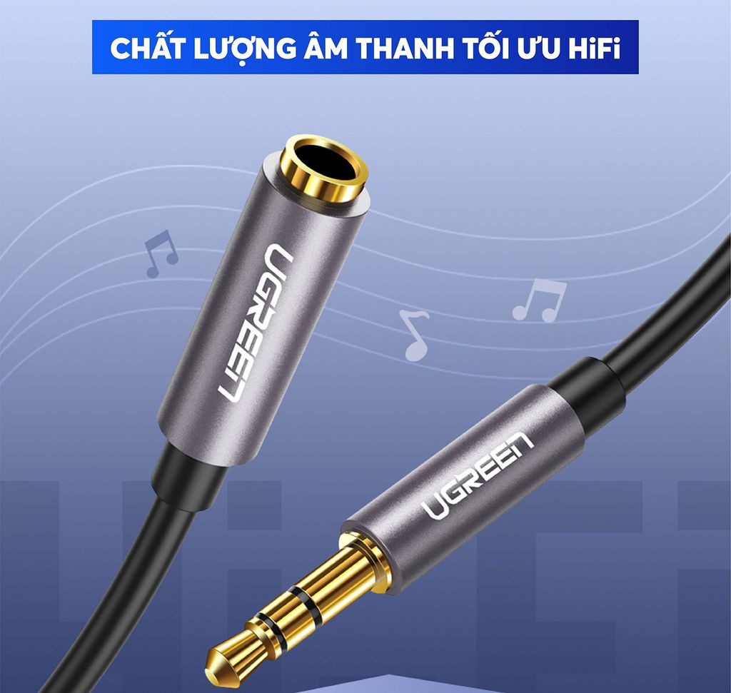 Dây cáp nối dài 3.5mm UGREEN AV118 hỗ trợ Mic dây bện, đầu mạ vàng
