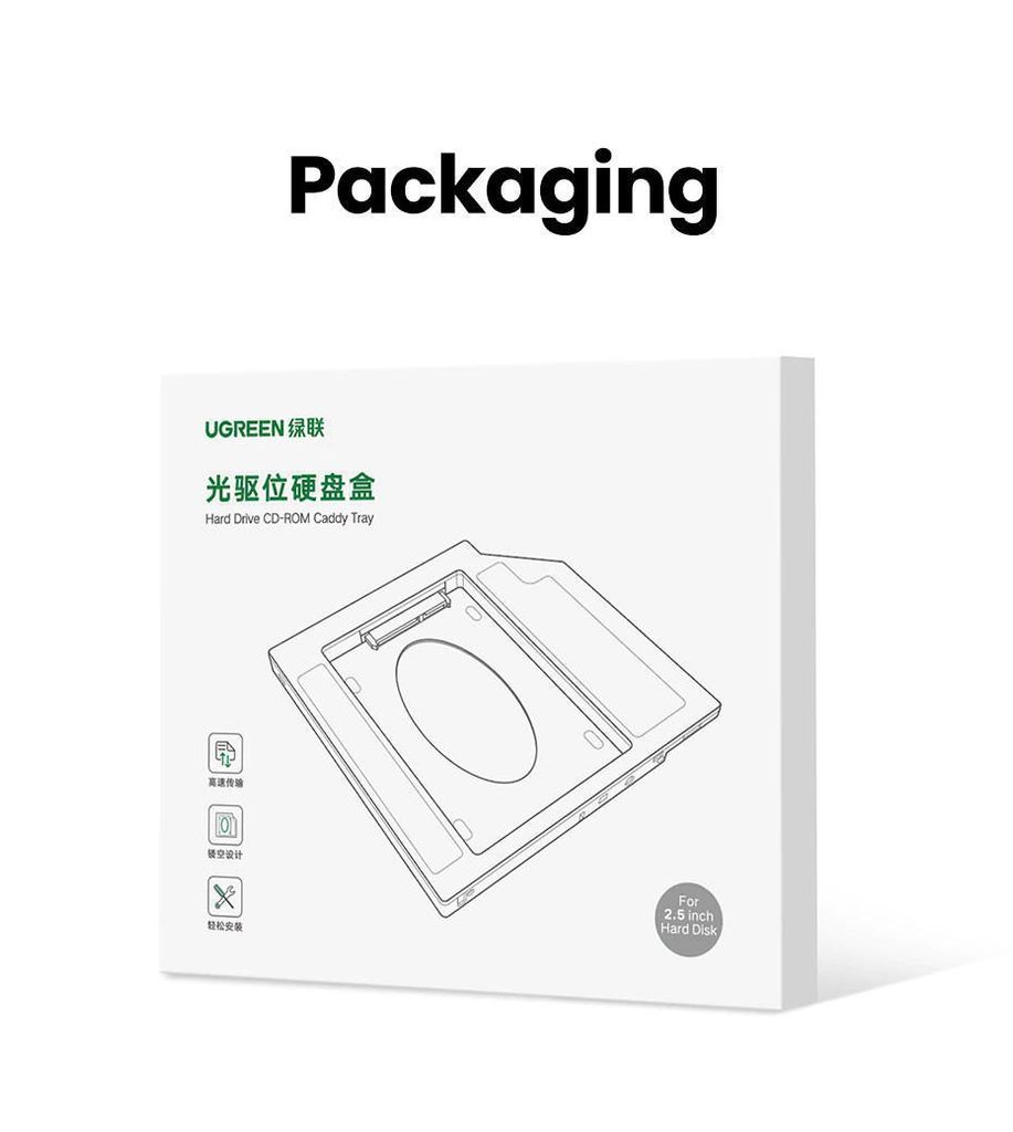 Khay đựng ổ cứng 2.5″ cho Laptop có ổ CD mỏng 9.5mm UGREEN 70657 cao cấp