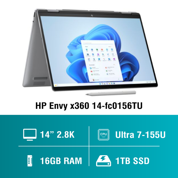 Laptop - Máy tính xách tay HP Envy x360 14-fc0156TU AY8W4PA, Core Ultra 7-155U,16GB RAM,1TB SSD, Intel Graphics,14