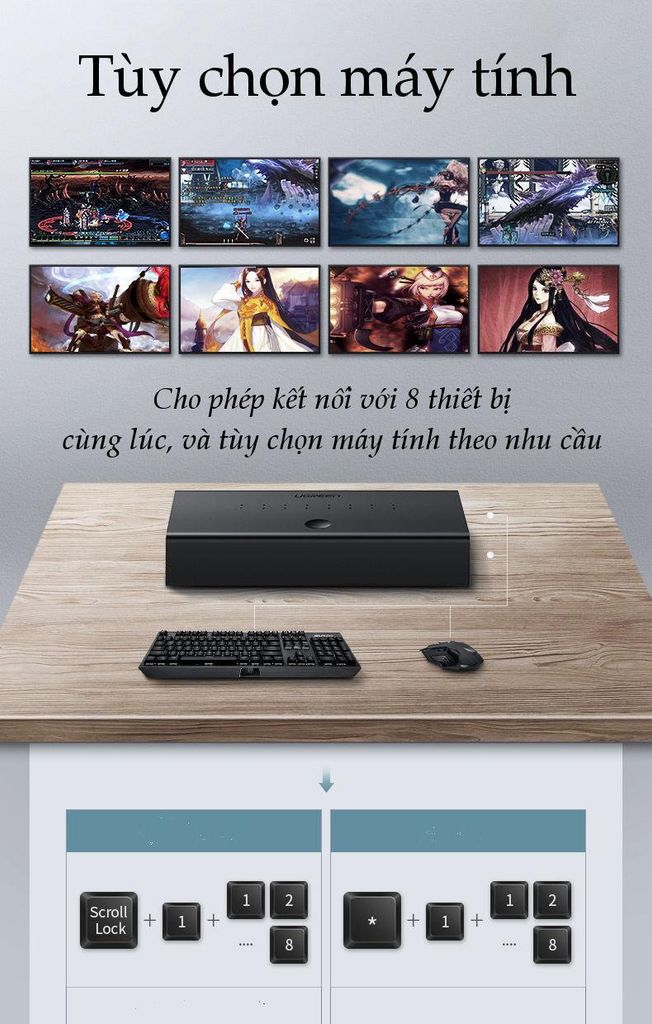 Bộ chuyển mạch KVM UGREEN CM229 – Đồng bộ hóa 8 cổng USB-B 1 bộ điều khiển chuột và bàn phím điều khiển 8 màn hình máy tính