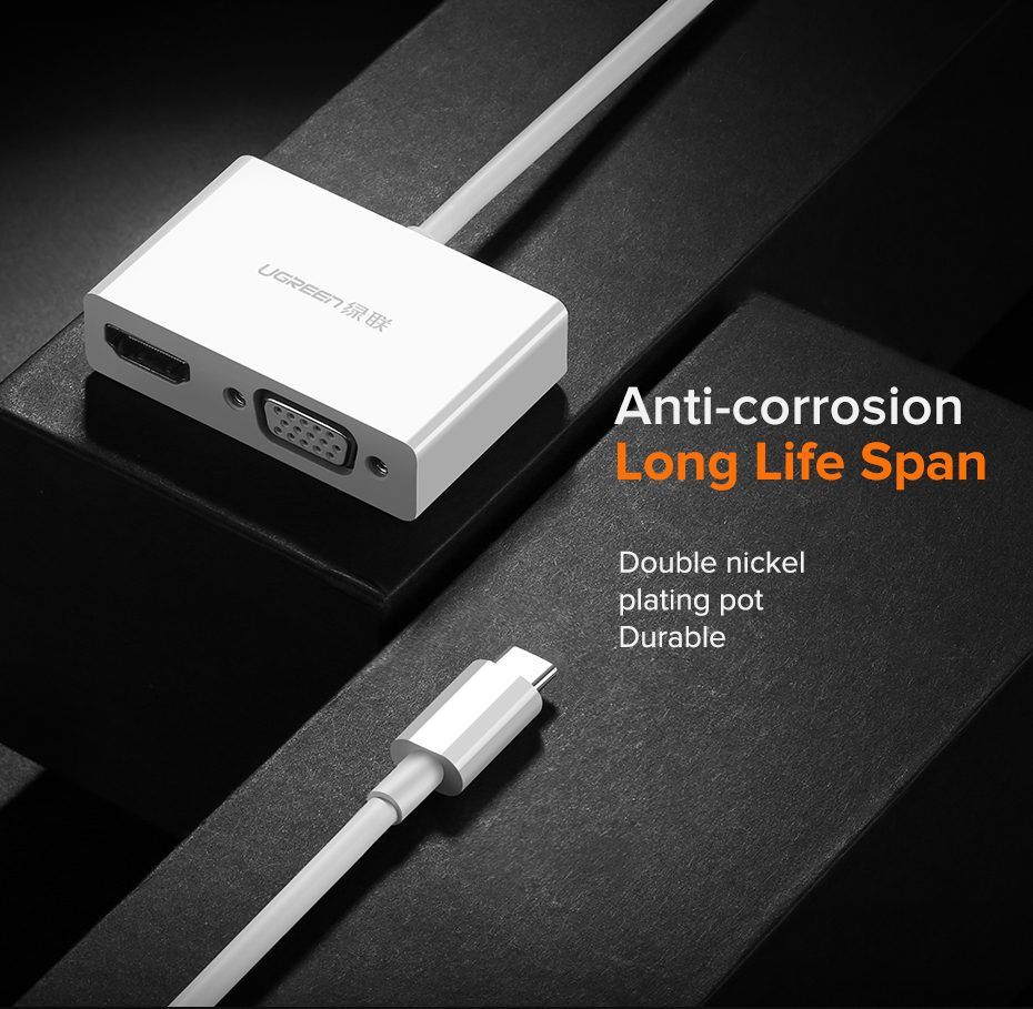 Bộ chuyển đổi Type C sang HDMI và VGA UGREEN MM123 hỗ trọ 4K@30hz, VGA Full HD