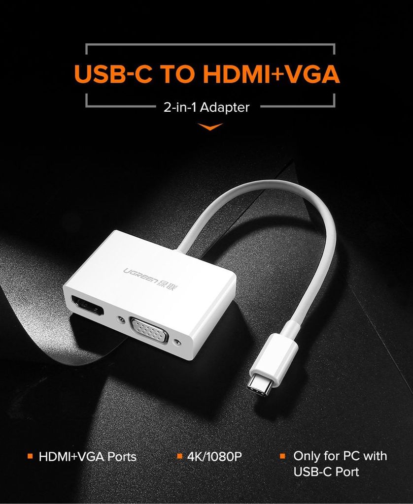 Bộ chuyển đổi Type C sang HDMI và VGA UGREEN MM123 hỗ trọ 4K@30hz, VGA Full HD