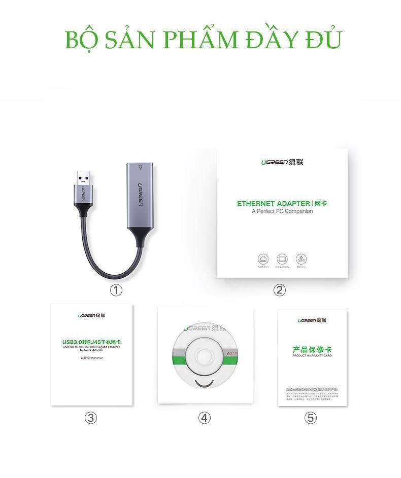 Bộ chuyển đổi USB 3.0 sang mạng LAN UGREEN CM209 Tốc độ truyền 10/100/1000Mbps RJ45 Gigabit Ethernet mở rộng thêm cổng mạng cho máy tính laptop…