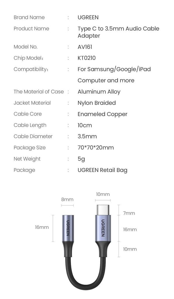 Cáp chuyển đổi Type C sang 3.5mm có chip DAC UGREEN AV161 tương thích nhiều thiết bị, truyền âm thanh Hifi chất lượng cao