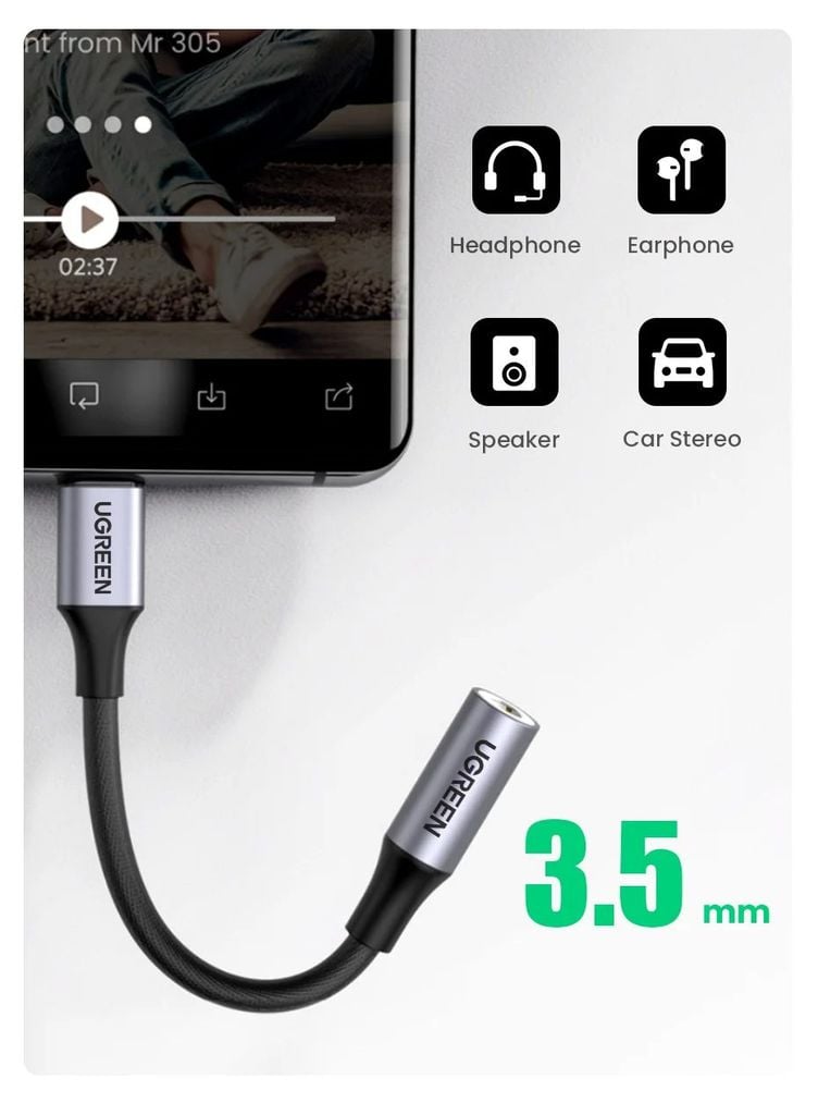 Cáp chuyển đổi Type C sang 3.5mm có chip DAC UGREEN AV161 tương thích nhiều thiết bị, truyền âm thanh Hifi chất lượng cao
