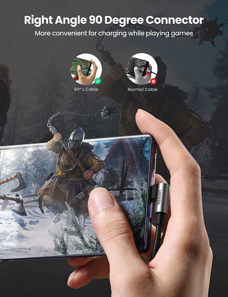 Cáp sạc nhanh type C UGREEN US176 – 2 đầu bẻ góc 90 độ, truyền dữ liệu