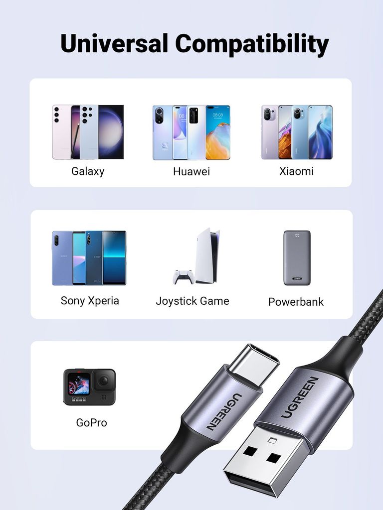 Cáp sạc nhanh Type C UGREEN US288  USB-A 2.0 to USB type C - Mạ Niken, Vỏ Nhôm Bện