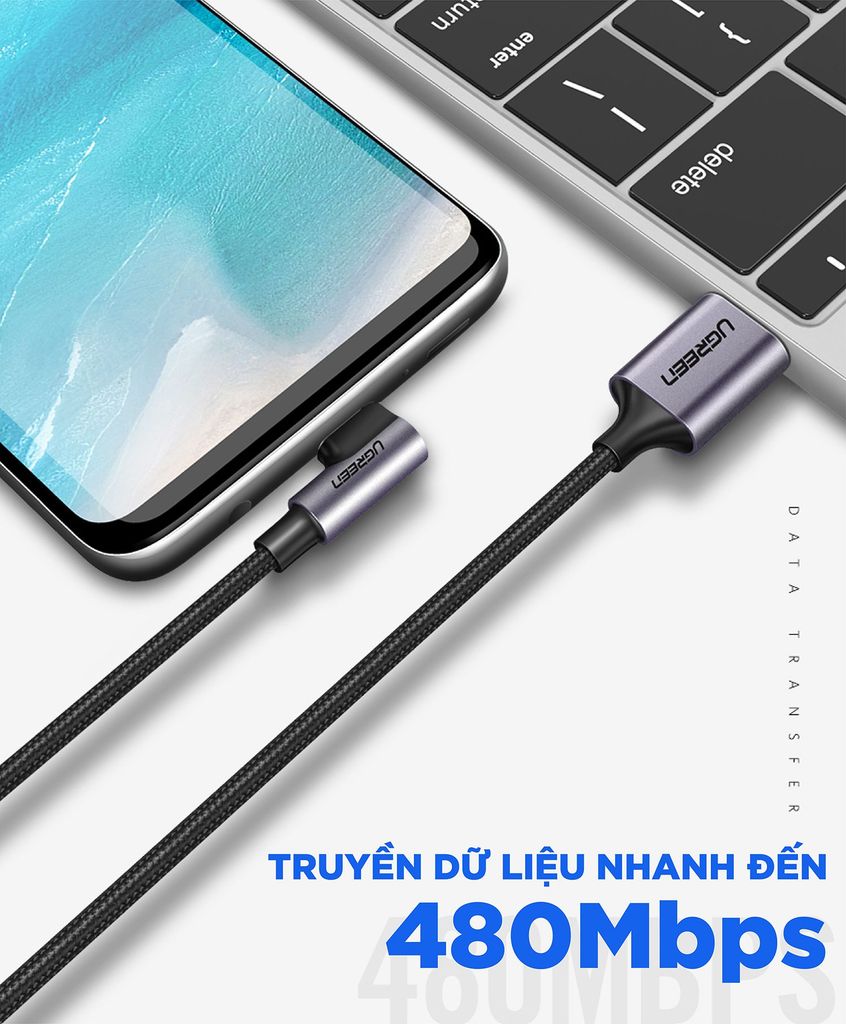 Cáp sạc nhanh type C vuông góc UGREEN vỏ bện US284 – 0.5m