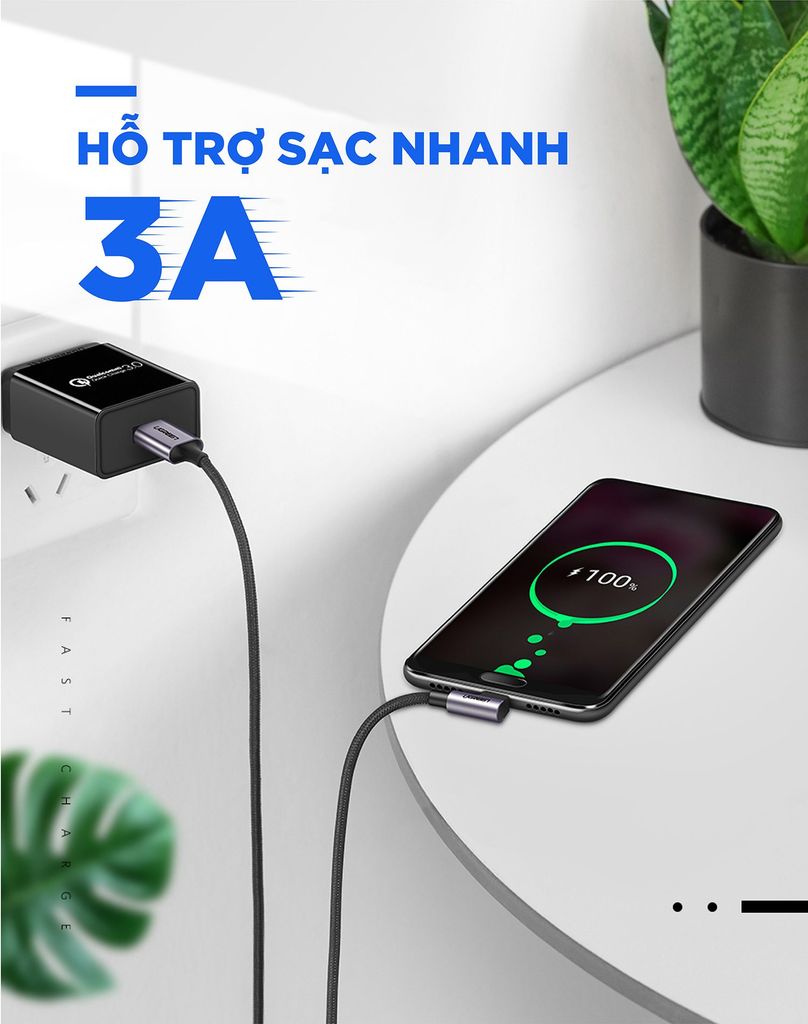 Cáp sạc nhanh type C vuông góc UGREEN vỏ bện US284 – 0.5m