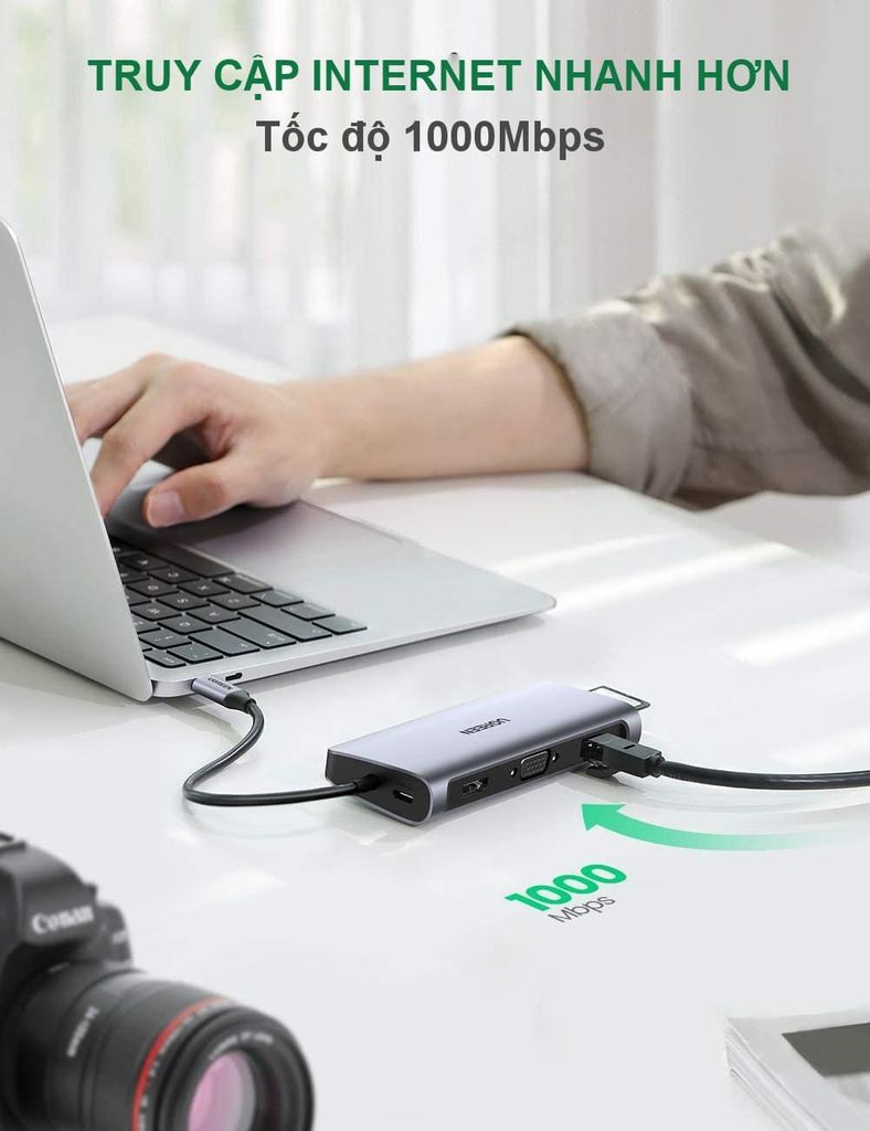 Bộ chuyển đổi Type C UGREEN 80133 – 3*USB 3.0+HDMI+VGA+RJ45 +SD/TF+3.5mm Audio+PD