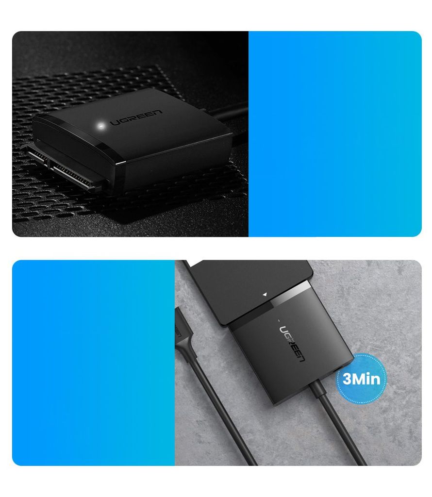 Bộ chuyển đổi ra ổ cứng và SSD SATA UGREEN CM257 Có nguồn DC 5.5mm – Tốc độ truyển tải lên đến 5Gbps