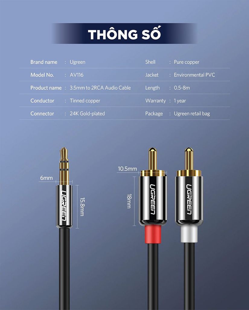 Dây Audio 3.5mm ra 2 đầu RCA (Hoa sen) dài 3M UGREEN AV116 10590