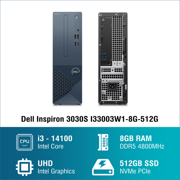 Máy tính để bàn đồng bộ PC Dell Inspiron 3030S I33003W1-8G-512G (i3 14100/ 8GB/ 512GB SSD/ Wifi + BT/ Key/ Mouse/ Win11/ 1Y)