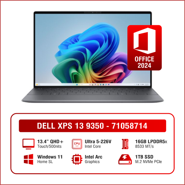 Laptop - Máy tính xách tay Dell XPS 13 9350, Ultra 5-226V, 16GB, 1TB SSD,  Intel Arc graphics, 13.4