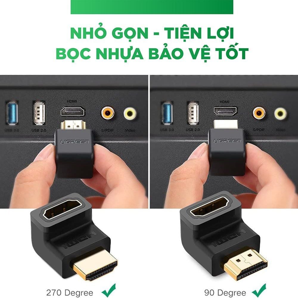 Đầu nối cổng HDMI male sang HDMI female vuông góc 90 độ BẺ XUỐNG UGREEN 20109  Hàng phân phối chính hãng – Bảo hành 18 tháng