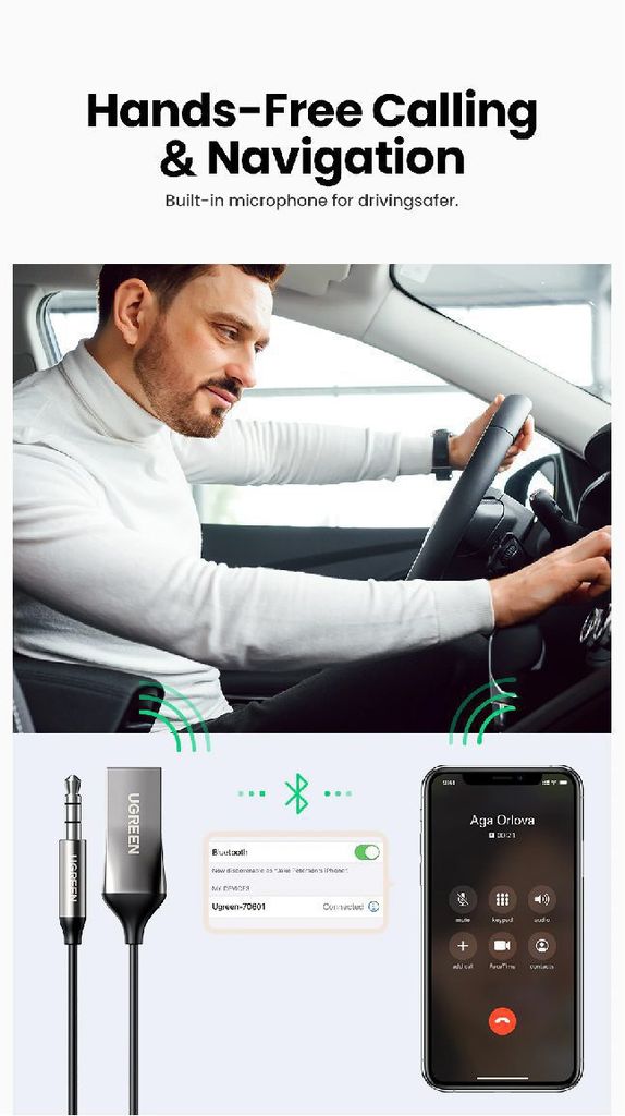 Bộ thu Bluetooth 5.0 UGREEN CM309 70603 – Bluetooth 5.0, dây lò xo tiện lợi, chống rối – Vỏ hợp kim